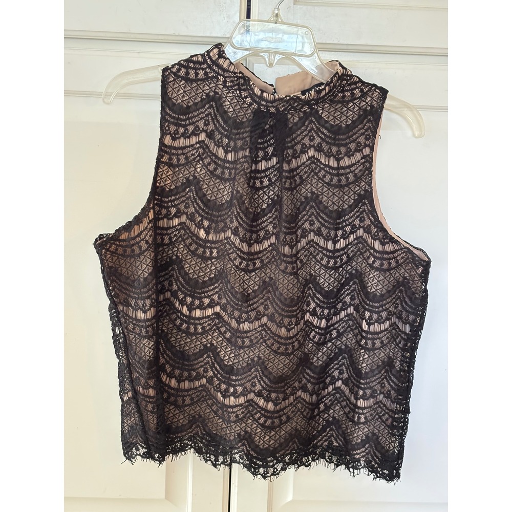 Haute Monde Black Lace Mock Neck Sleeveless Blouse XL HMT50905 Keyhole Back